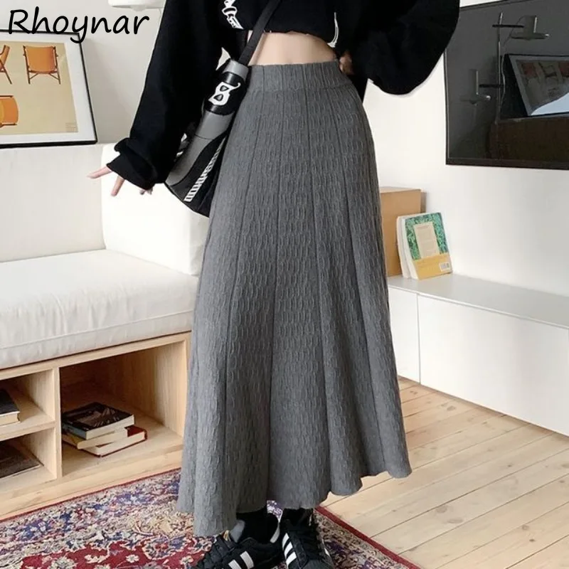 

High Waist Midi Skirt Women Knitting Autumn Pleated All-match Korean-style Solid Simple Fairy Style Sweet Girls Trendy Elegant