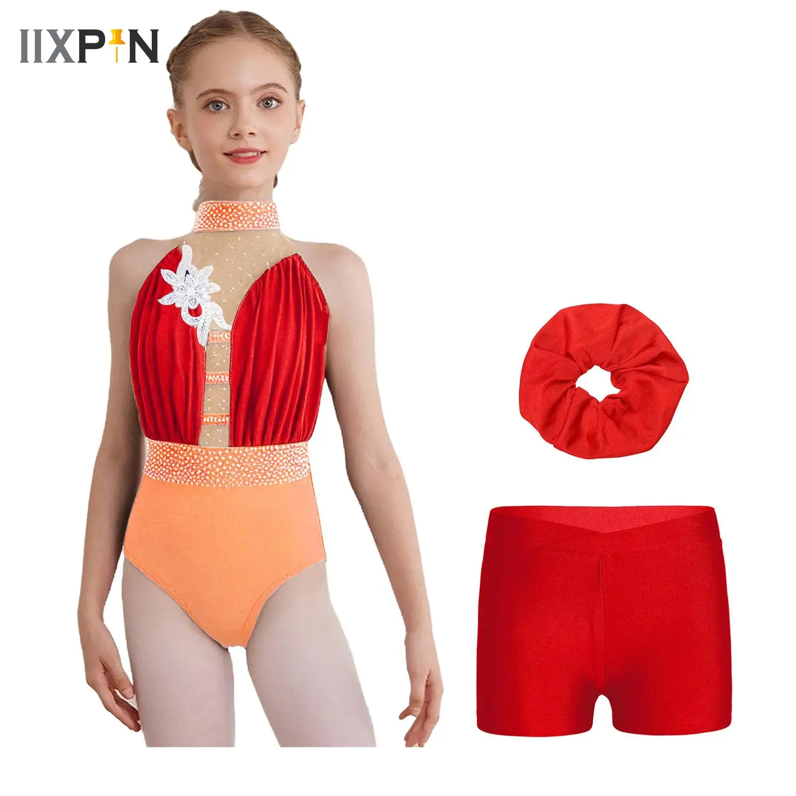 

Teen Dancewear Sets Kids Girls Rhythmic Gymnastics Jumpsuit Outfit Applique Ballet Tutu Leotard with Shorts Hairband Costume