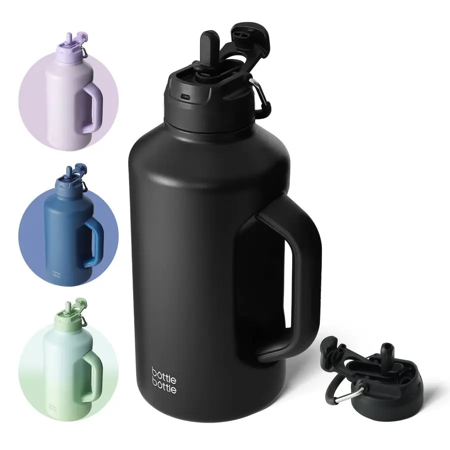 

Изолированная бутылка для воды на 64 унции с соломинкой и крышкой двойного назначения. Кувшин на половину галлона для мужчин с ручкой. Вакуумная бутылка для воды из нержавеющей стали.