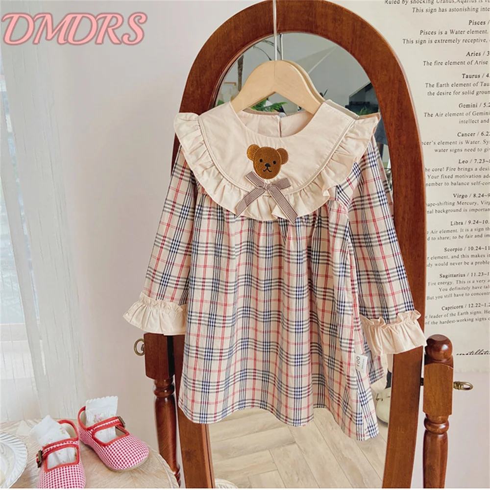 Cute Bear Embroidery Plaid Girls Dress 2025 Autumn Winter New Long-Sleeved Dress Simple Ruffle Temperament Children's Dress Vest