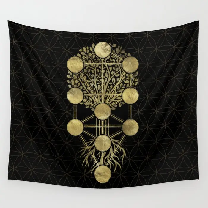 Kabbalah The Tree Of Life Gold On Black Tapestry Wall Hanging Hippie Tapestries Rugs Home Living Room Dorm Decoration Blanket