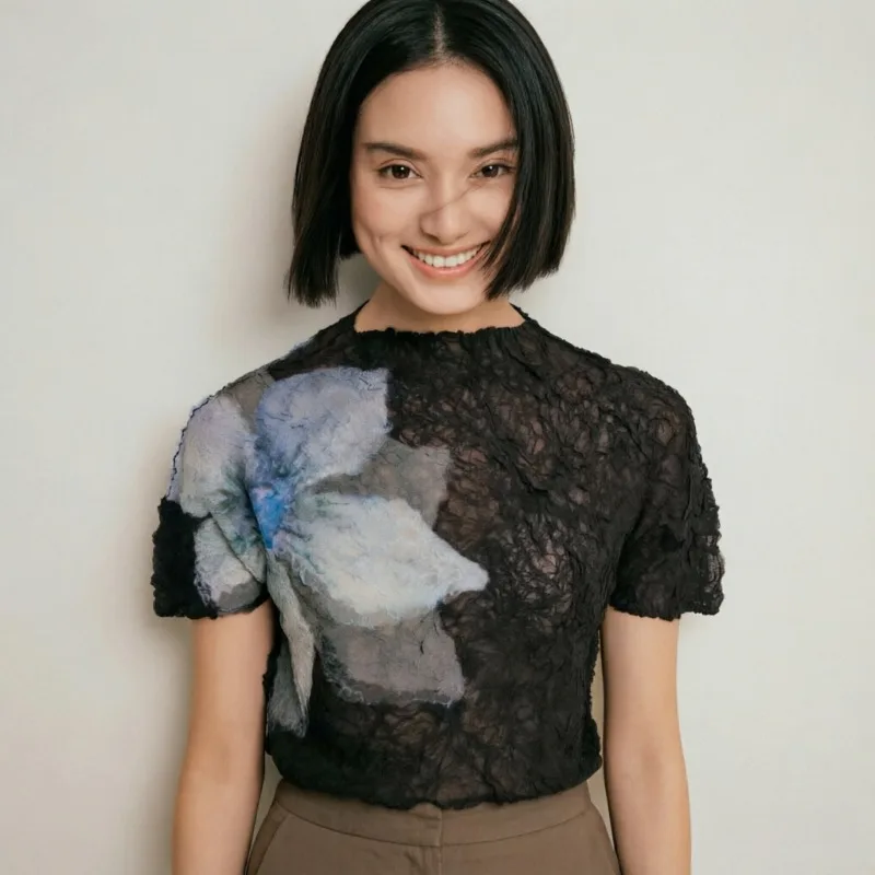 Miyake Pleated T-Shirt Summer New Simple Casual Fashion Printed Short Sleeve Women's Lightweight Stretchy Semi-Transparent Top