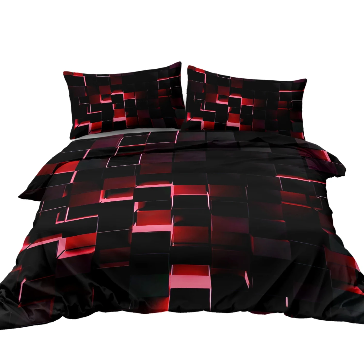 Black Red Geometric Style Abstract Digital Dimensional Square Shaped Cubes 3 Pieces Comforter Cover Bedding Set. Ensemble stars