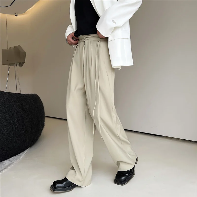 IEFB Loose Casual Elastic Waist Suit Pants Dark Pleated Side Lace-up 2024 New Trendy Autumn Male Trousers Solid Color 9A6991