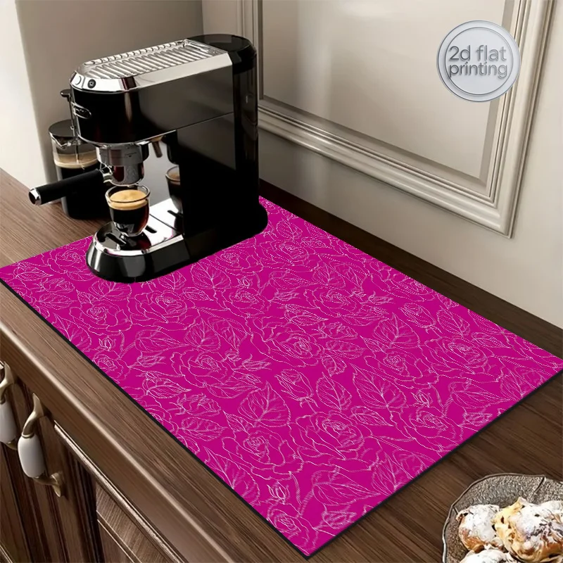 1pc Dish Drying Mat, Patterned Drainage Mat, Dryer Mat, Plate Drying Pad, Coffee Machine Absorbent Mat, Kitchen Countertop Absor