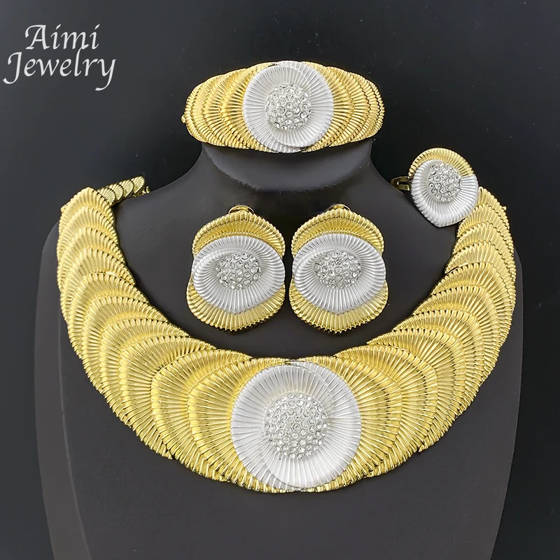 

Rhinestone Chunky Choker Collar 4Pcs Jewelry Set for Women Two Tones Necklace Earrings Bracelet Ring Bridal Wedding Party Gifts