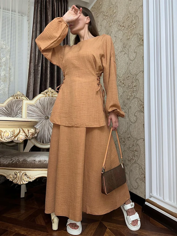 Solid Modest Sets for Muslim Women, Long Sleeve Blouse and Dresses, African Daily Casual Caftan, Islamic Clothing, Draw String