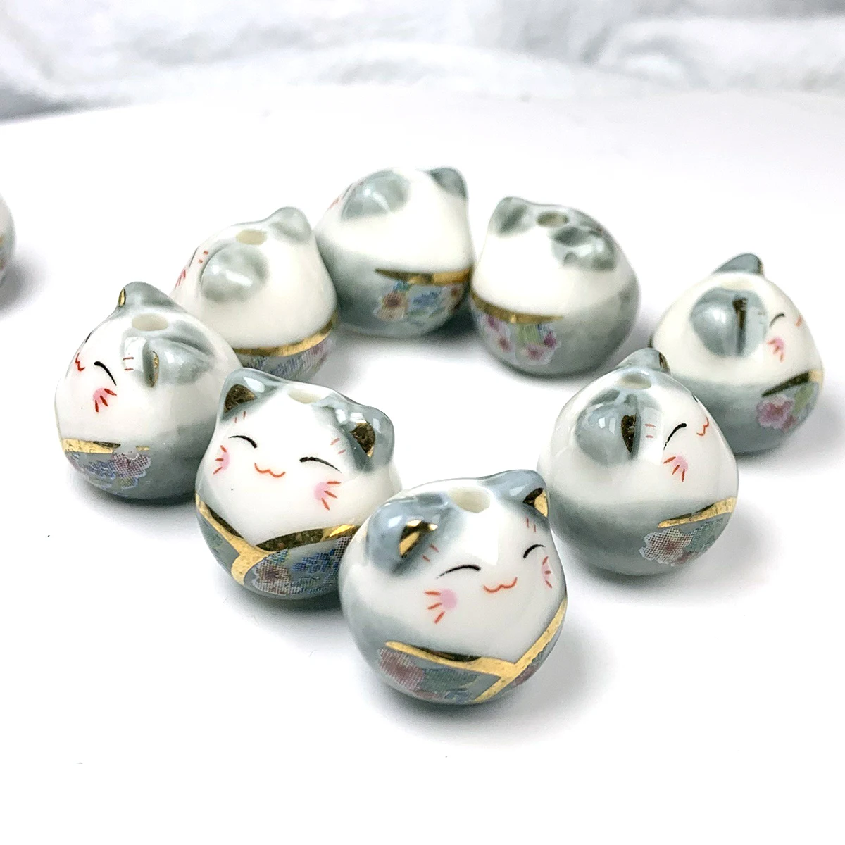 14x15mm Adorable Cat in Grey Floral Dress Ceramic Beads Set Porcelain Charms for DIY Jewelry Making Bracelet Earring Keychain