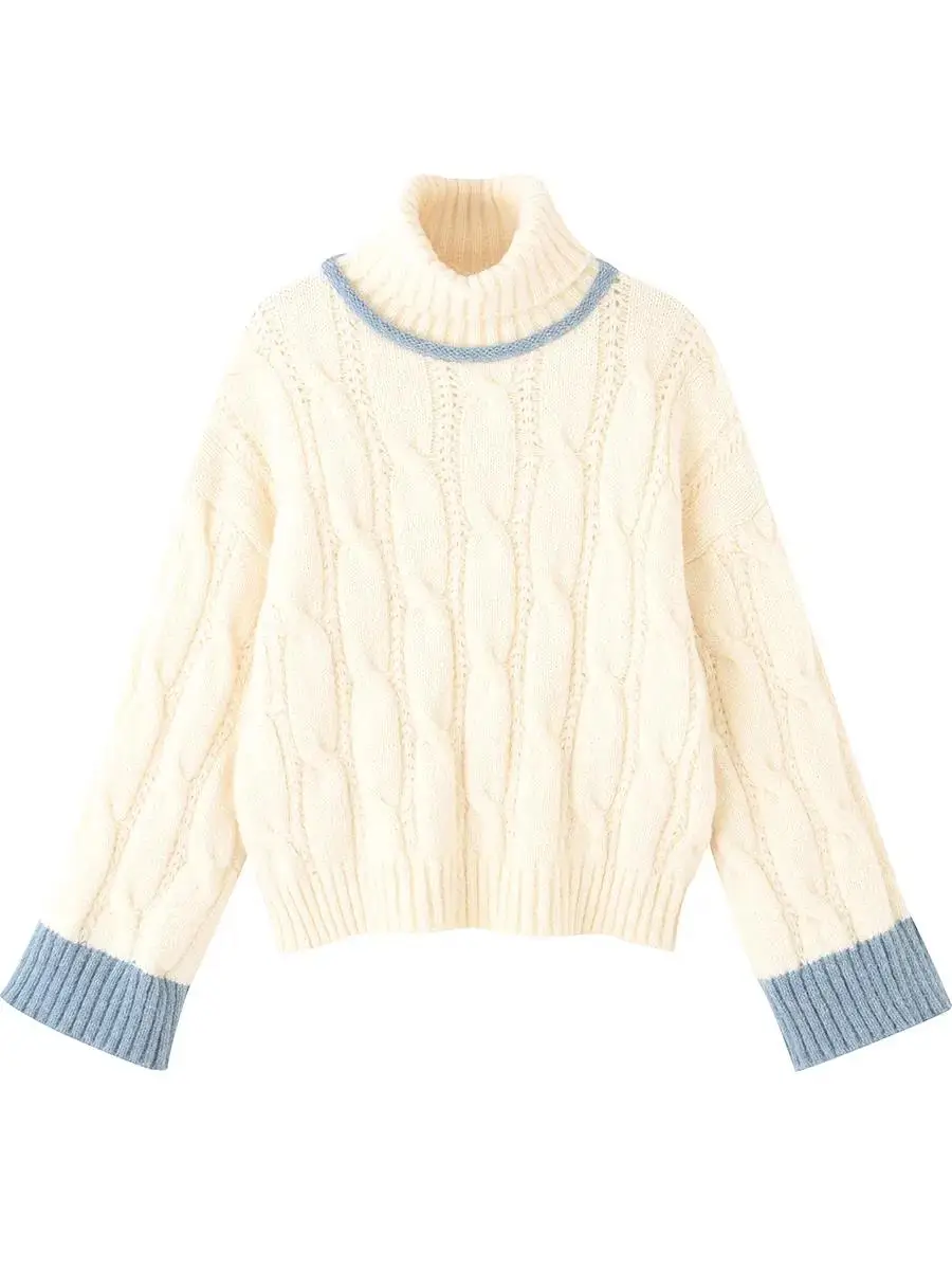 Suéter de punto con cuello alto y forro polar ueso para mujer, Top de manga larga de estilo Vintage cálido y hoado para o...