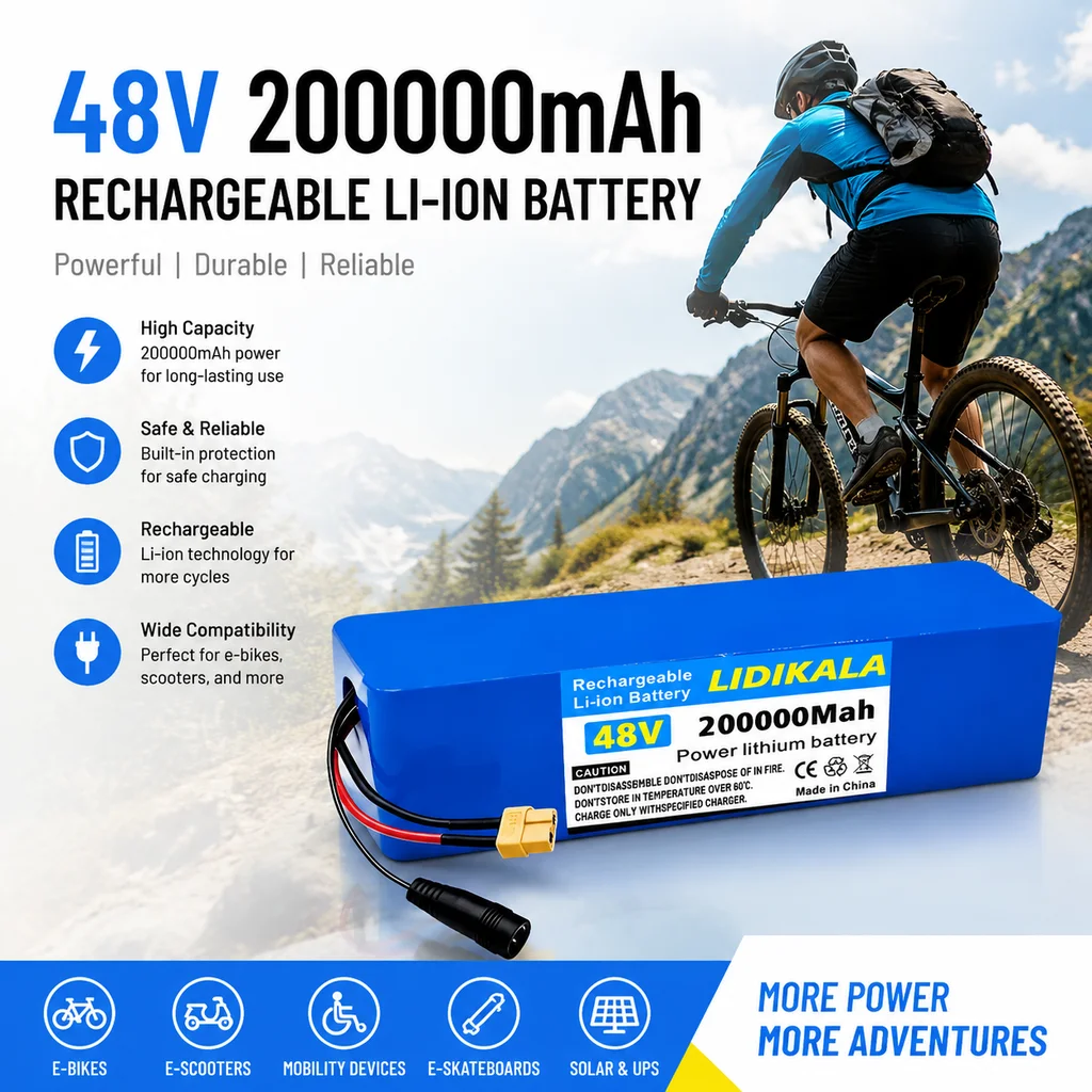 48V 200000mAh 13s3p Wiederaufladbarer Lithium-Ionen-Akku mit XT60- und DC-Ausgang, eingebauter Mehrfachschutz-Lithium-Akku für E-Bikes, Roller, Roboter und Solarsysteme