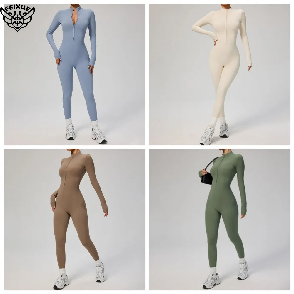 بدلة اليوغا المرجل بأكمام طويلة ملابس رياضية نسائية الصالة الرياضية سستة حللا تجريب عالية الكثافة اللياقة البدنية قطعة واحدة ملابس ضيقة الجلد