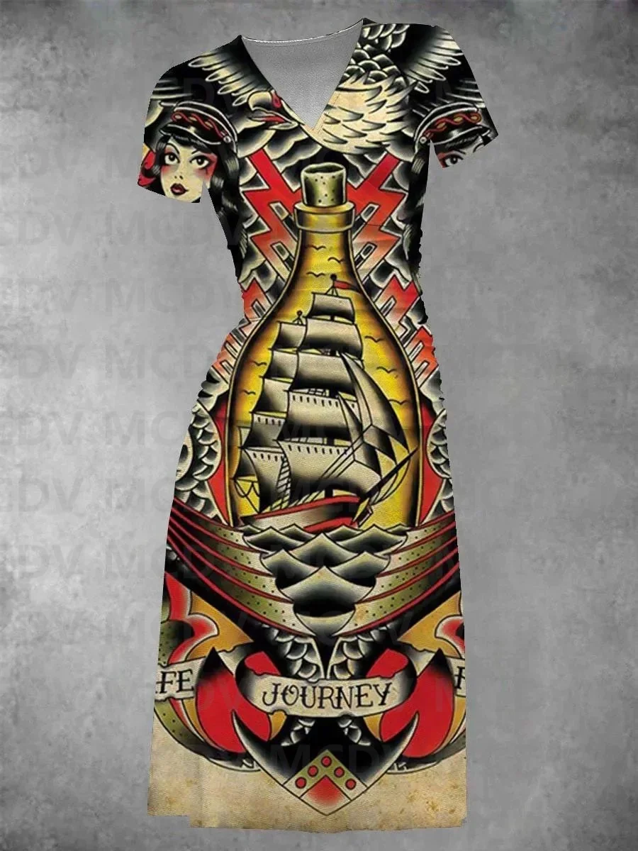 Women's Vintage Cowgirl Print Midi Dress 3D Printed Sexy V-neck Dress Female Dresses