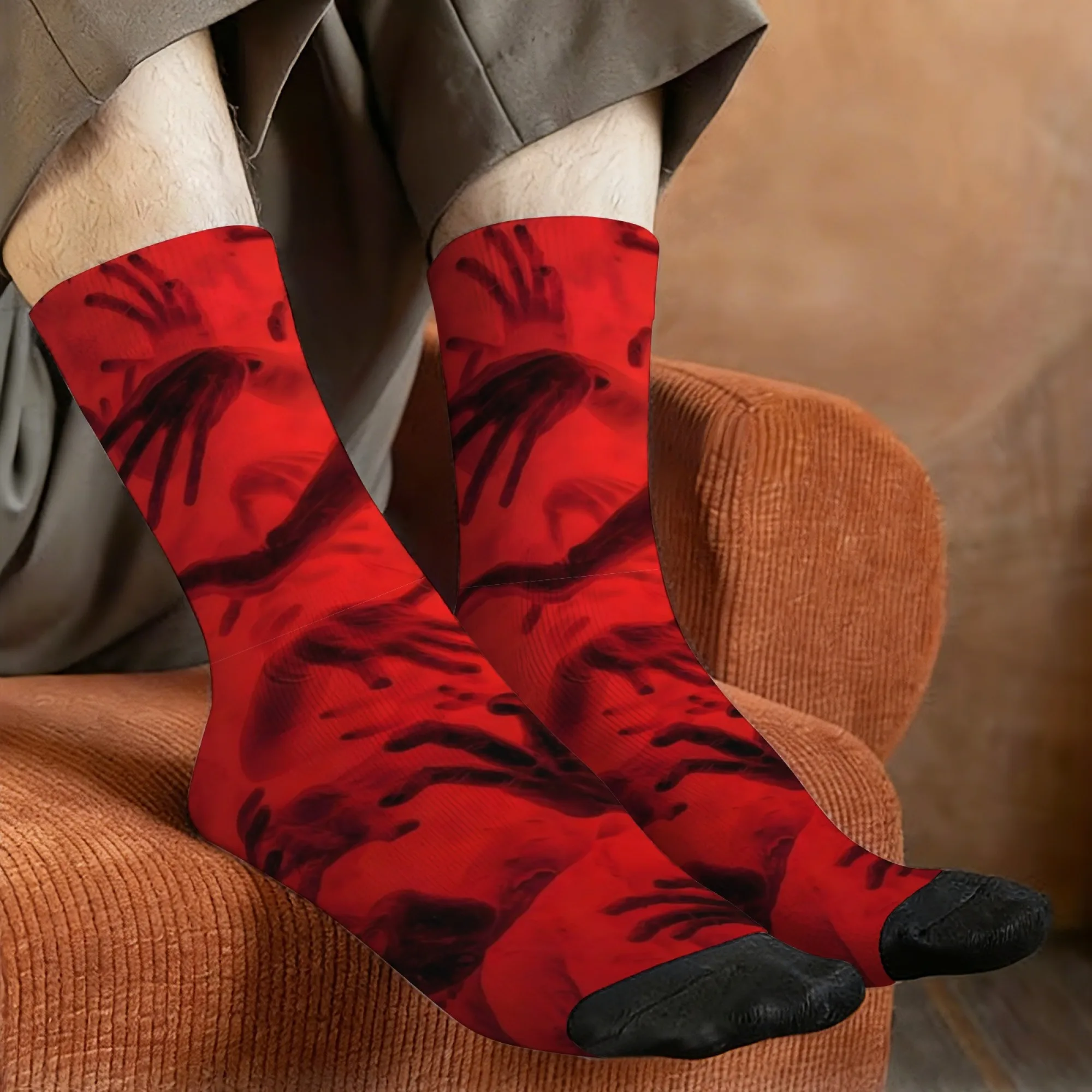 Retro-style dark and grotesque men's socks with dense hand prints, novel Harajuku-style casual socks, perfect for crazy parties.