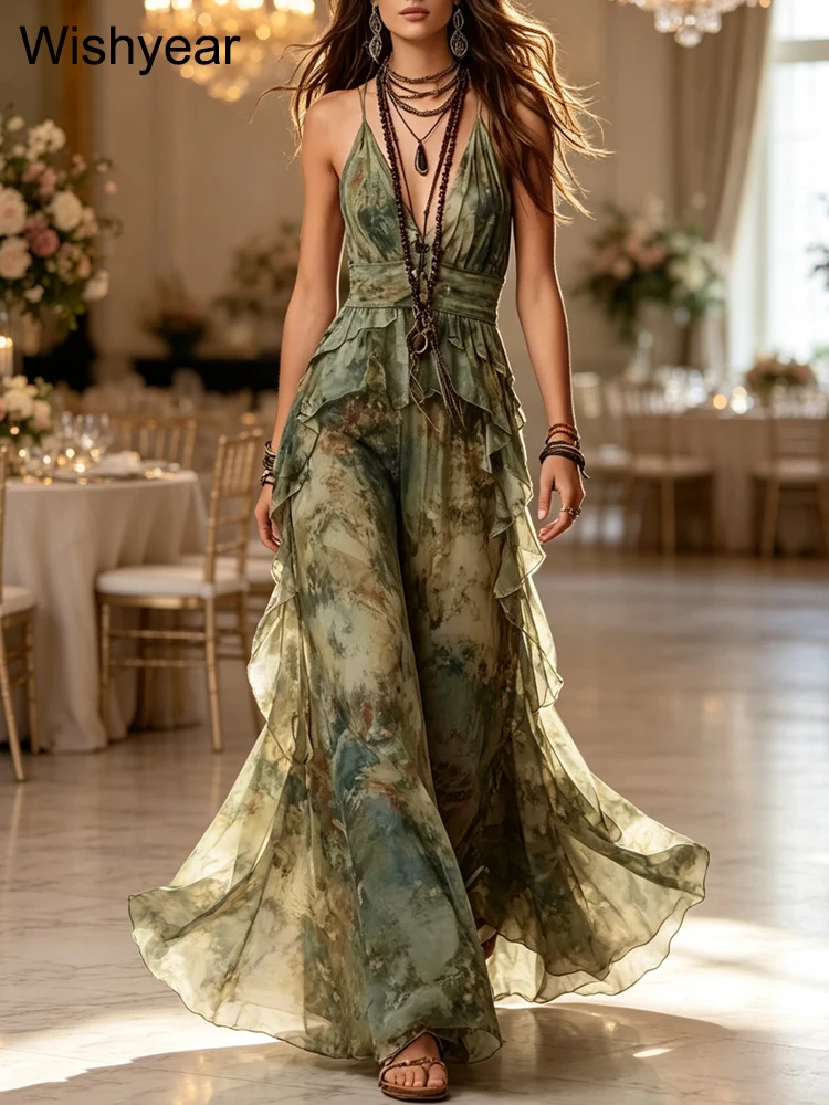 Wishyear Green Floral Chiffon Maxi Dress for Women Spaghetti Strap V Neck High Waist Flowy Dresses Wedding Guest Beach Vacation