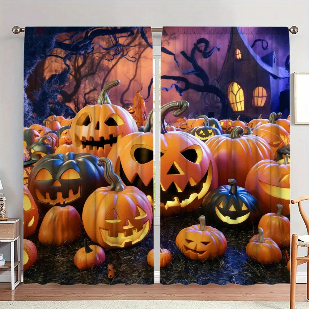 Halloween Pumpkin Curtain, Spooky Jack O Lantern Print Drape, Haunted House Window Treatment, Orange Horror Decor, Party Textile