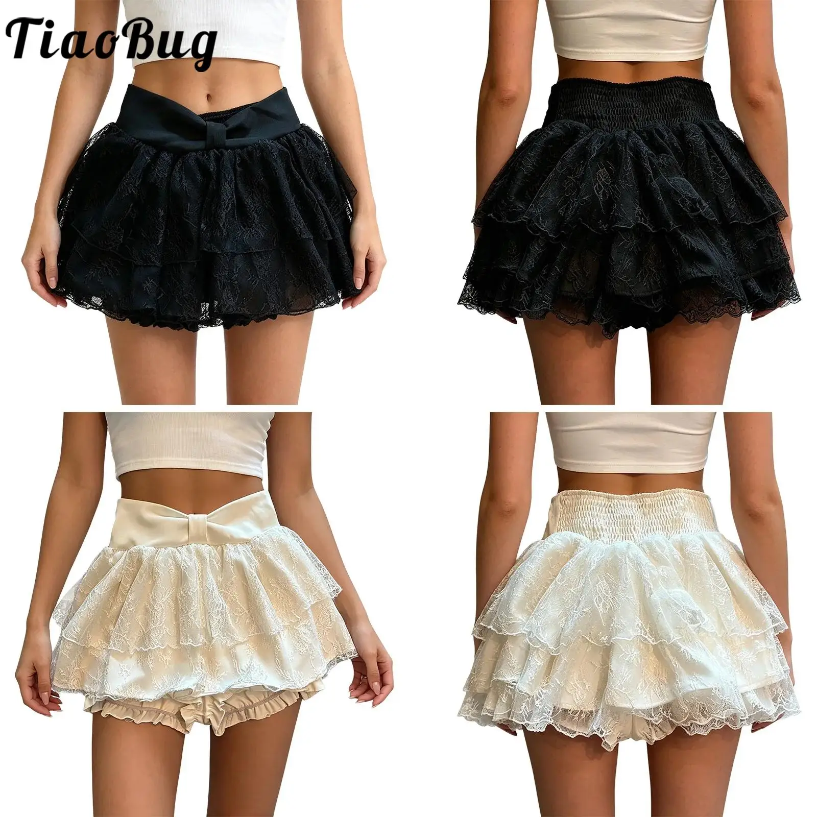 

Women Puff Tiered Ruffled Lace Culottes Built-in Shorts Bloomers Elastic High Waist Cute Bow Waist Skort for Daily Wear Vacation