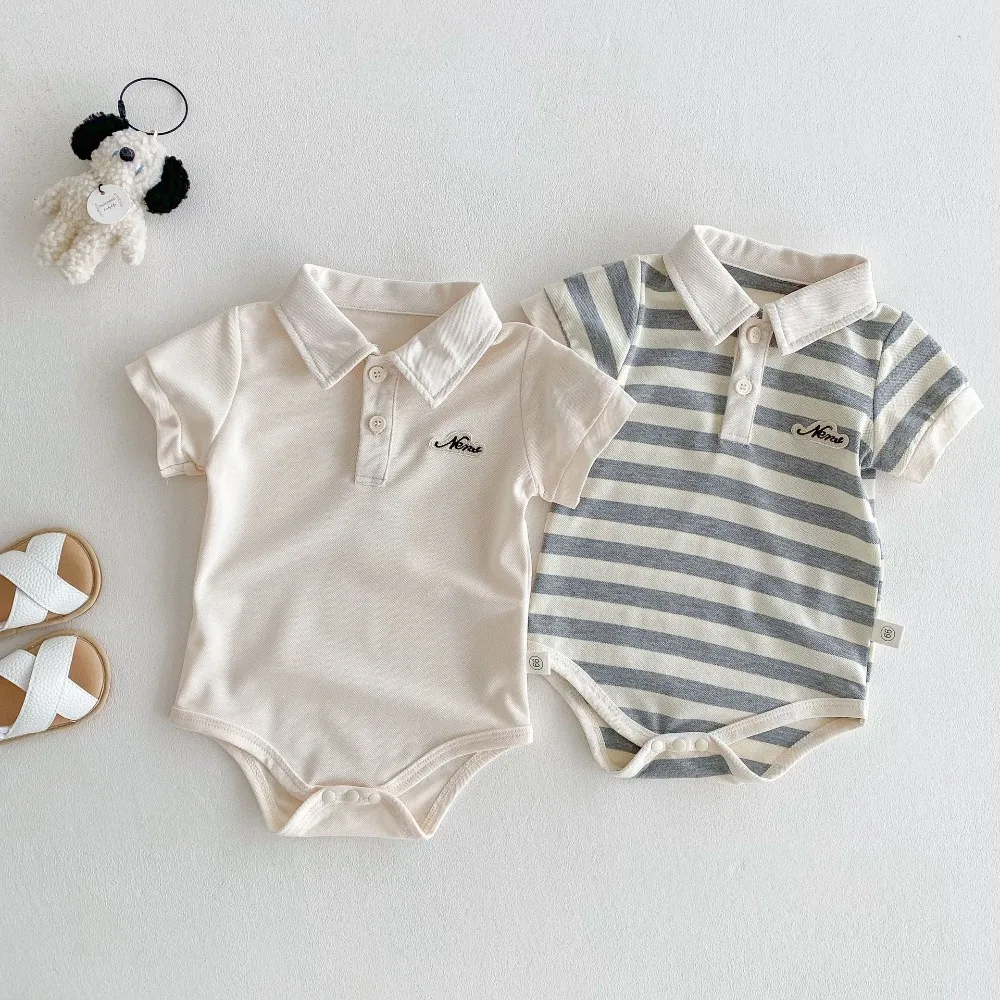 2026 Summer Baby Girl Romper 0-2Years Korea Style Newborn Infant Short Sleeve Turn Down Collar Cotton Bodysuit Outfits Clothes