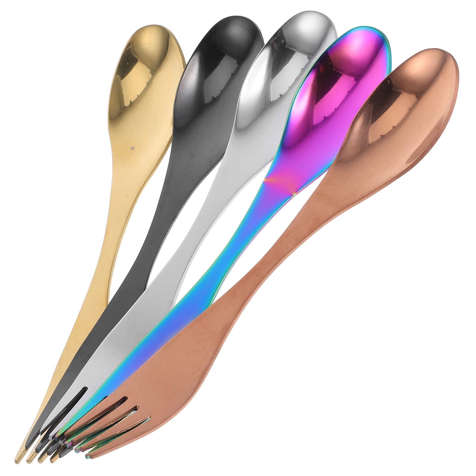 

5Pcs Stainless Steel Spoon Fork Spork Combo Tableware Set 2-in-1 Multi-Use Cutlery for Outdoor Camping Home Kitchen
