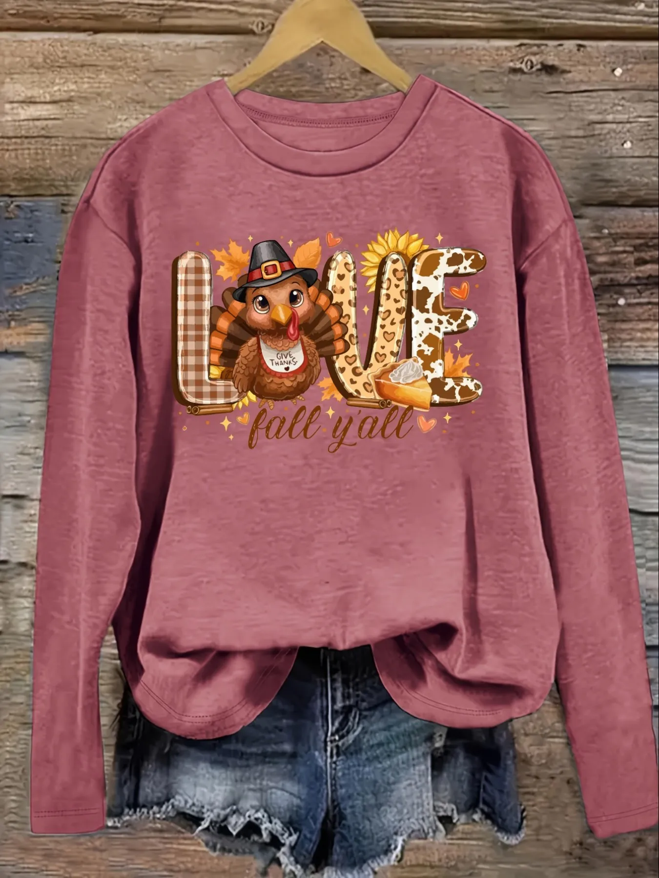 Women's Casual Long Sleeve Crew Neck T-Shirt Love Fall Yall Turkey Print Design, Round Neck Women's Clothing, Machine Washable, Slightly Elastic, Loose Fit, Spring Autumn Winter Women's T-Shirt, Halloween Costume Outfit view 3