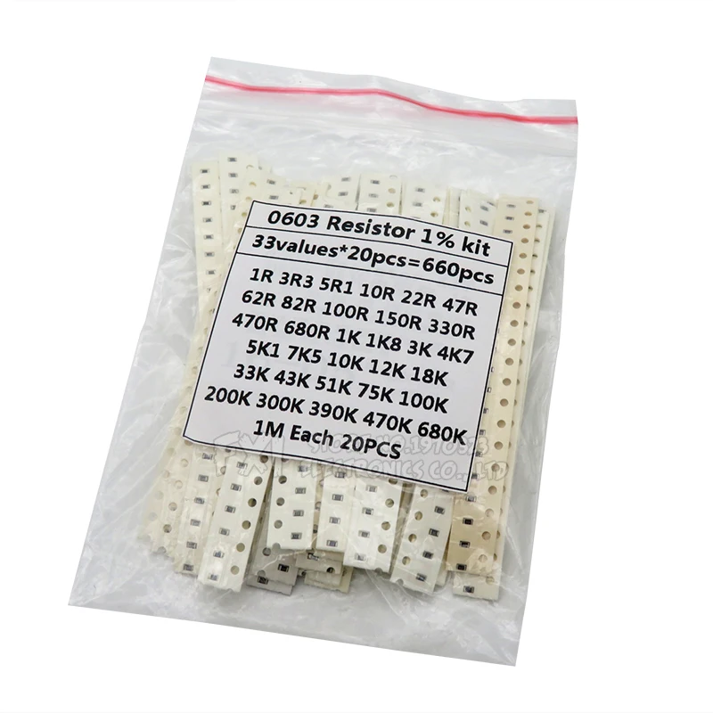 

0603 SMD Resistor Kit Assorted Kit 1ohm-1M ohm 1% 33valuesX 20PCS=660PCS Sample Kit 0805 1206 1210 0402