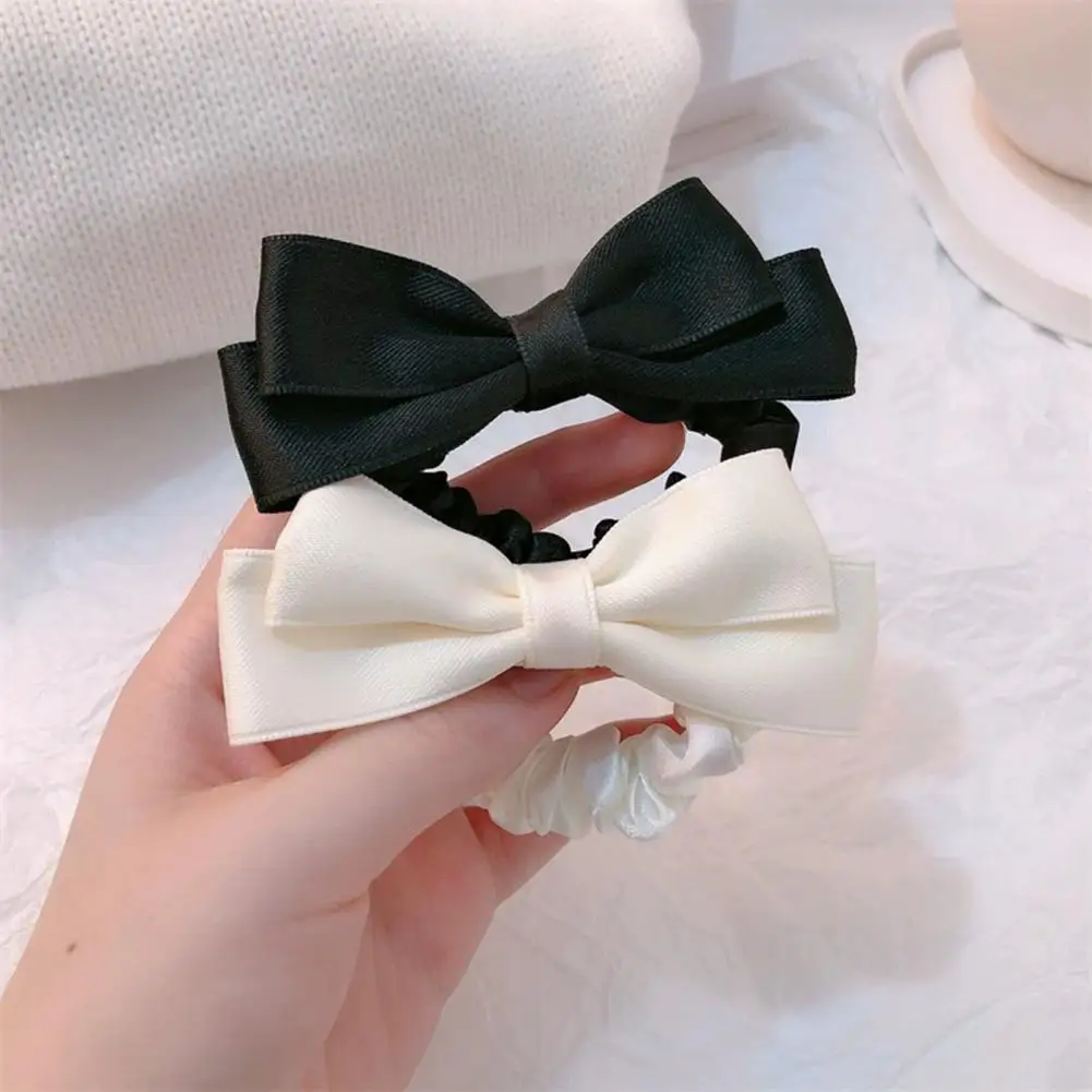 Black White Hair Scrunchie High Elastic Satin Hair Tie with Hand-sewn Bow Smooth Ponytail Holder Retro Style Hair for Women