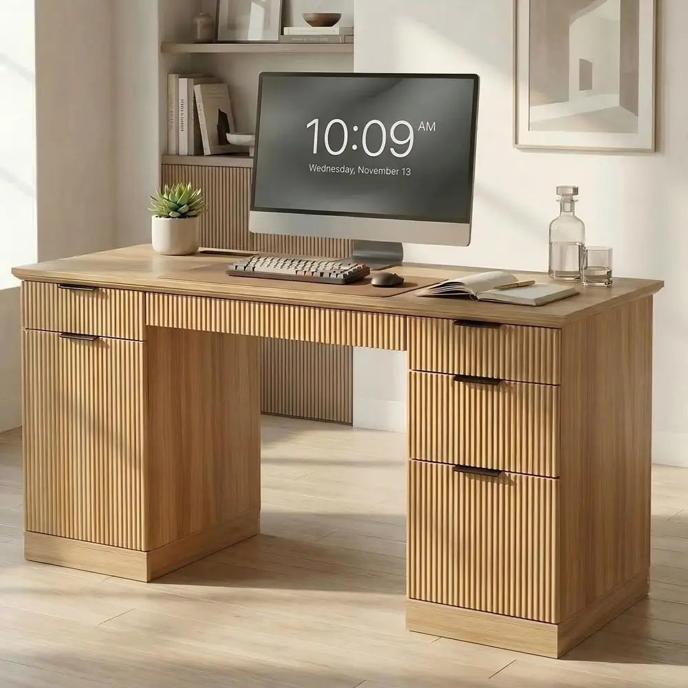 

58 Executive Desk with Charging Station amp File Drawer, Modern Fluted Home Office Desk with 5 Drawers amp Keyboard Tray, Large