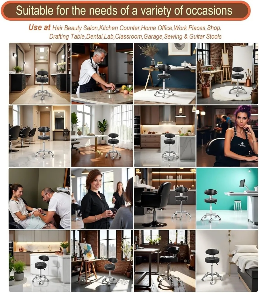 Adjustable Height Swivel Stool Chair with Back Rest, Heavy Duty Rolling Metal Stool for Kitchen Salon Bar Office