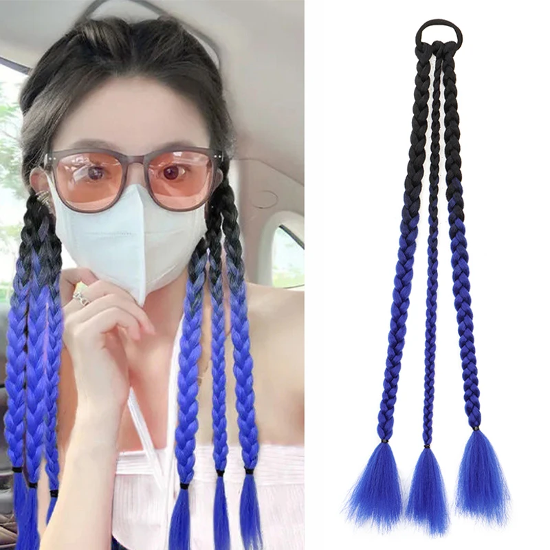 

2 шт., синтетическая длинная прямая коса Y2K, боксерская коса, милая крутая девушка, градиент, синий, серый, закрученный хвост для женщин, аксессуары для волос