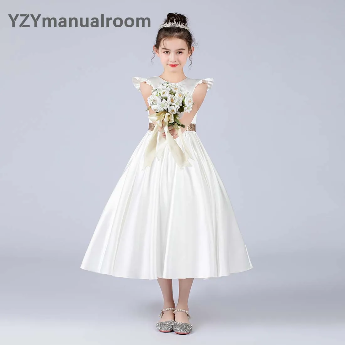 Flower Girl Dresses Elegant Satin Big Bow Tea-Length Concert Junior Pageant Birthday Party Princess Ball Gowns Banquet Dresses