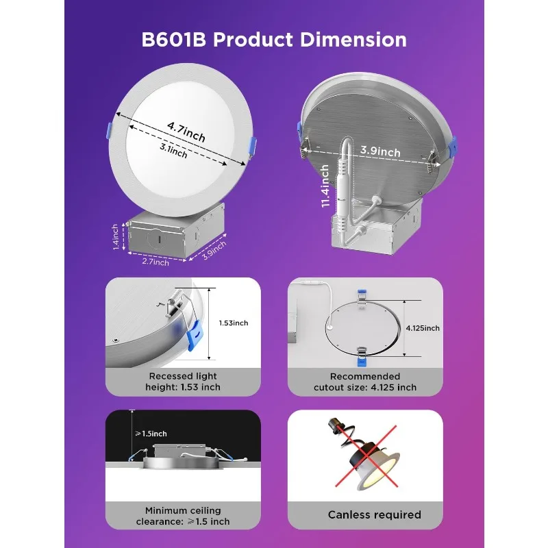 Recessed Lighting 4 Inch, Wi-Fi Bluetooth Direct Connect RGBWW LED Downlight, 65 Scene Mode, Work with Alexa & Googl