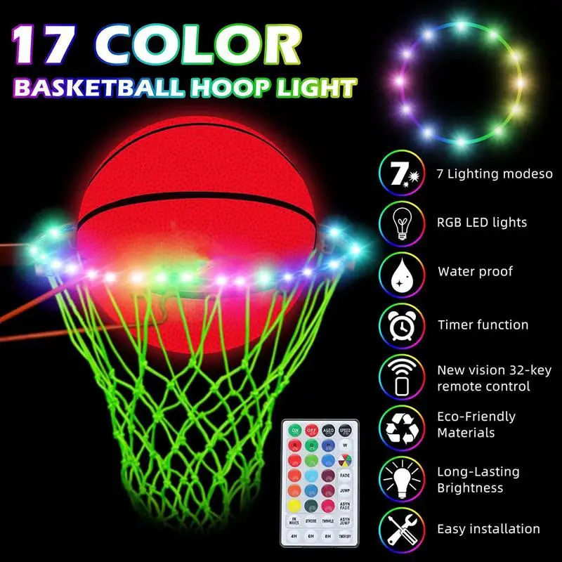 Solar Power LED Basketball Hoop Light Color-Changing Sensor Super Bright RGB LED Strip Lamp for Outdoors Sports Training Adults