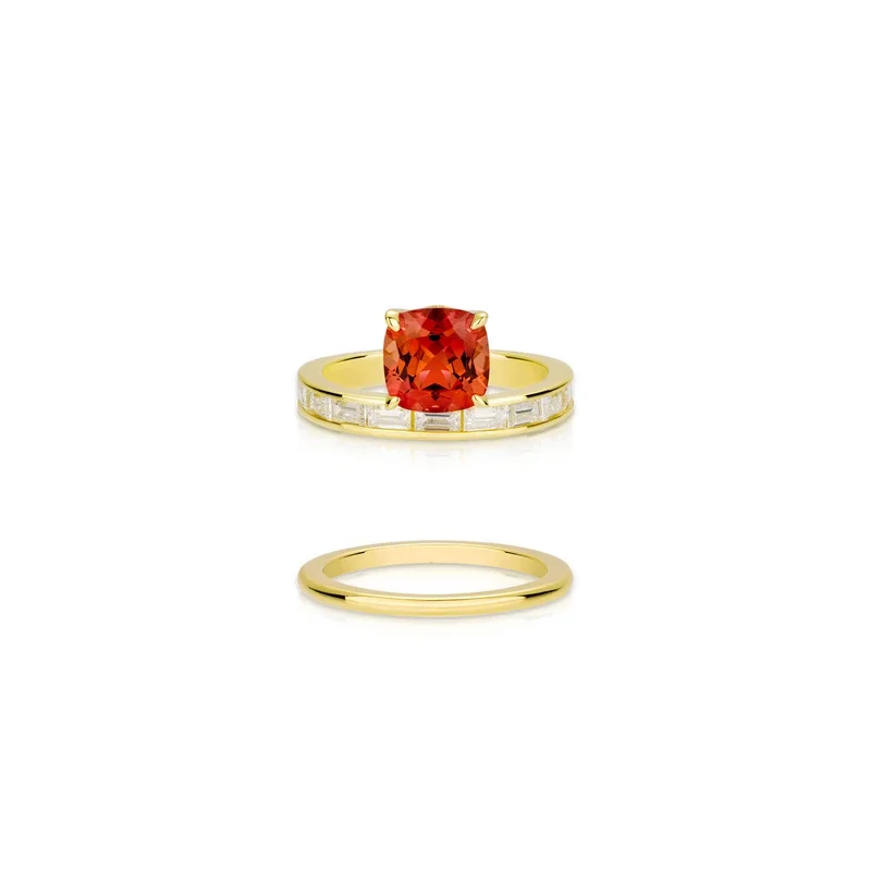 Bellux 925 Silver Synthetic Zircon Ring Orange Four Claw Full Diamond Gold Arm Fashion Double layered Pair Ring