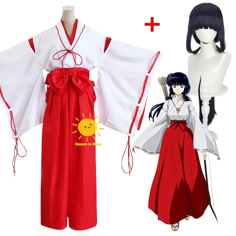 Anime Kikyo Cosplay Inuyasha disfraces Cosplay Kimono pantalones rojos cinturón brujas Kikyo trajes peluca Halloween carnaval Cos mujeres adultas