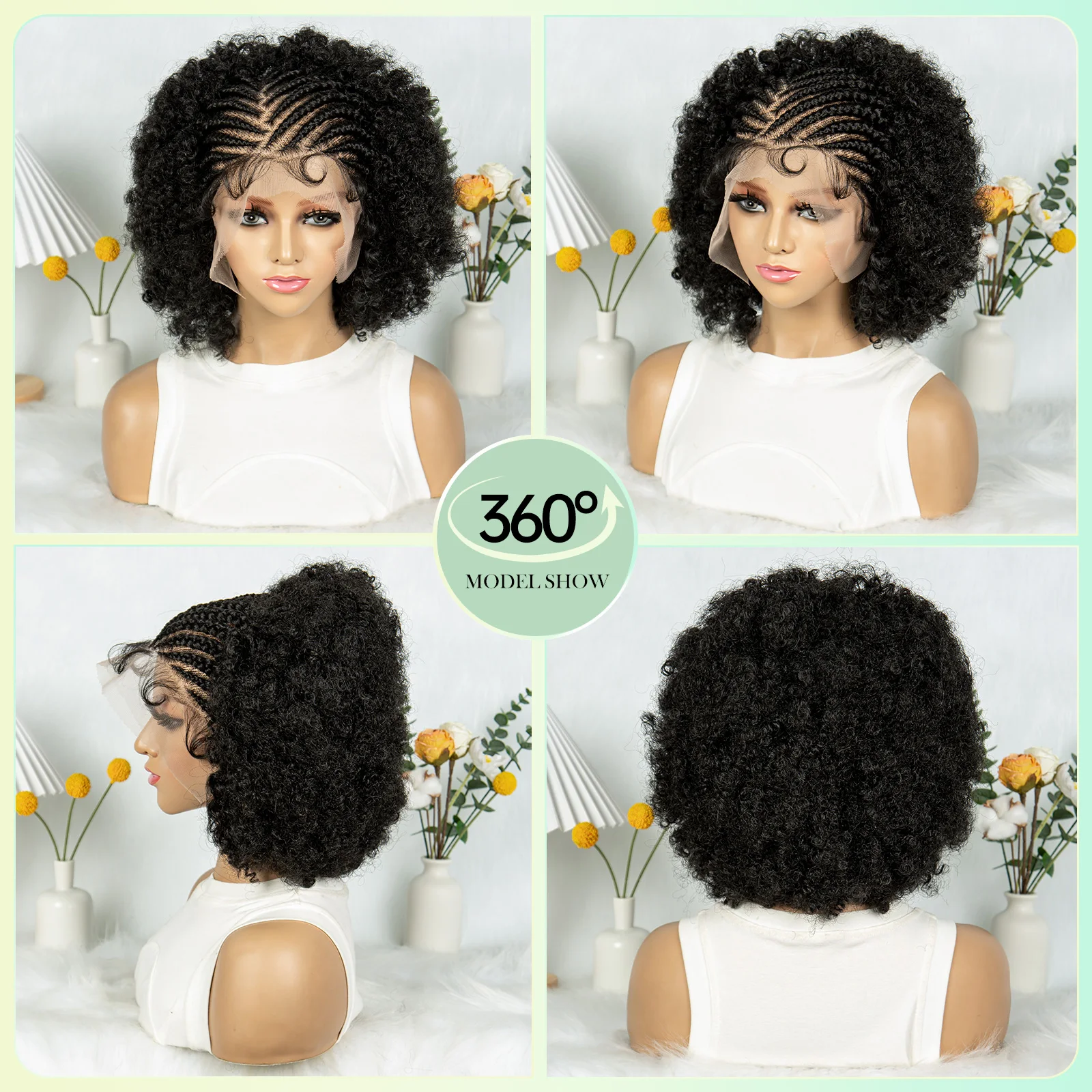 Afro kinky encaracolado trançado perucas com cabelo do bebê sintético completo laço trançado perucas com tranças de cornrow encaracolado trançado perucas para mulher