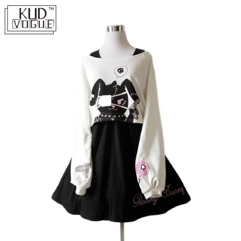 Black Comic Rabbit Lolita Dress Japanese Teens Kawaii Girls 2pcs Suit Sweet Cotton Dress Short Cute Bunny Print Long Sleeves Set