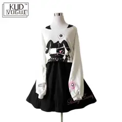 Vestido Lolita de conejo de cómic negro para adolescentes japoneses, traje de 2 piezas, vestido de algodón dulce, conjunto de manga larga con estampado de conejito lindo