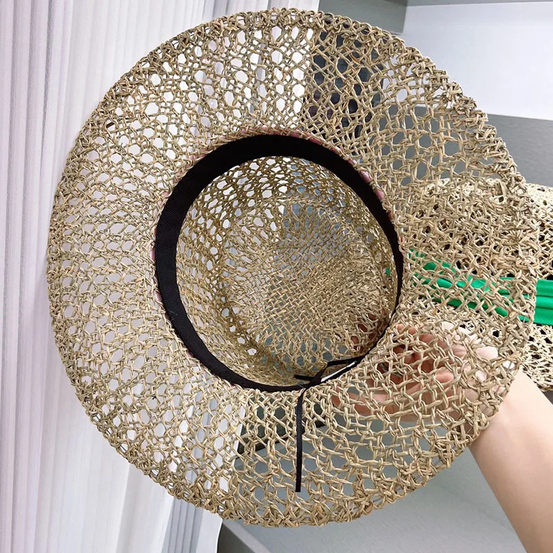 Designer Boater Straw Hats Ribbon Band Sea Grass Sun Hat Breathable Hollow Out Style Beach Hat Fine Braid UPF50+ Hat  for Women