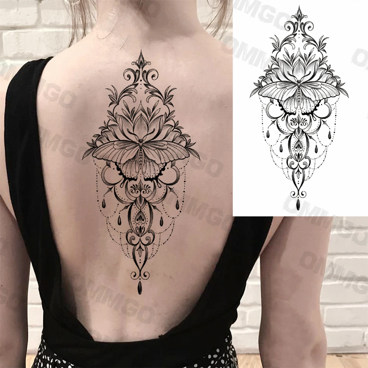 Black Lotus Mandala Temporary Tattoos For Women Adult Rose Flower Back Arm Fake Tattoo Realistic Body Art Decoration Tatoo Paper