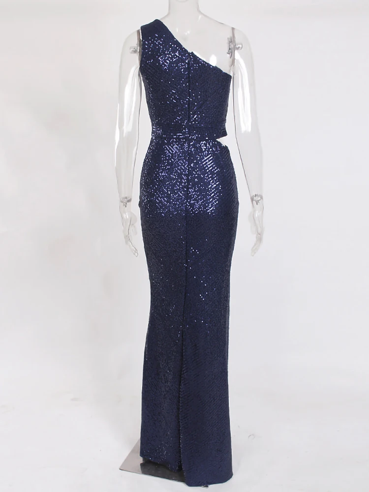One Shoulder Silver Navy Stretchy Party Dress Sequin Hollow Out Split Leg  Floor Length Bydocon Long Dresses - AliExpress 200000345