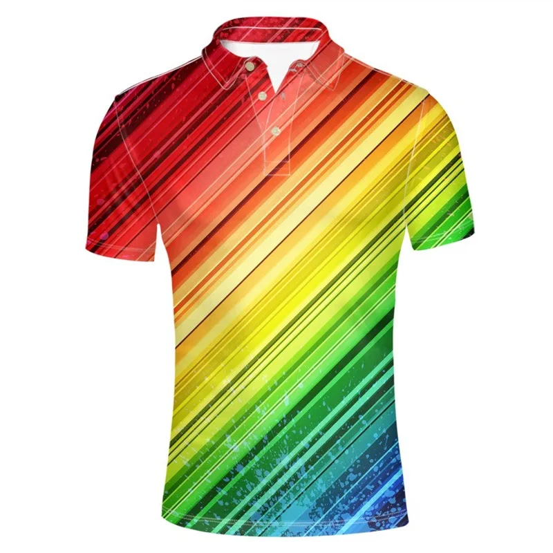 3D Full Print Rainbow Pattern Polo Shirts For Mens Summer Casual Short Sleeves Button Up Tee Tops Men Slim Fit Tshirt Streetwear