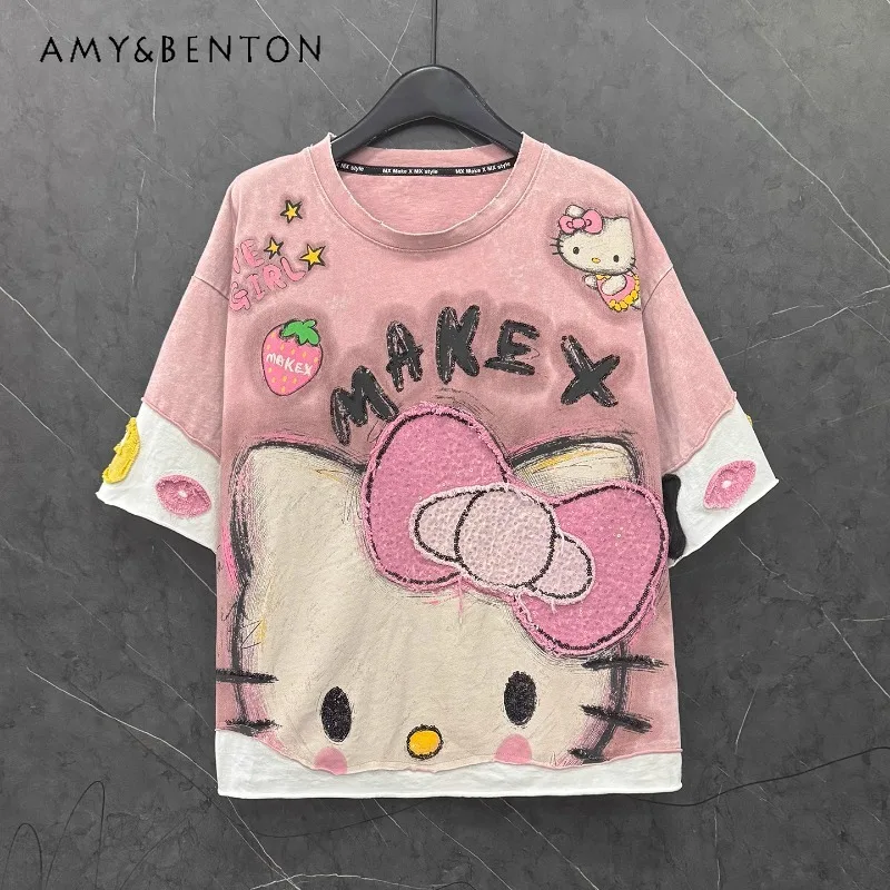 

2025 Summer New Sweet Age-reducing Cartoon Kawaii Clothes T-shirt Women's Loose Casual Design Half-sleeved Top O-neck Pullover