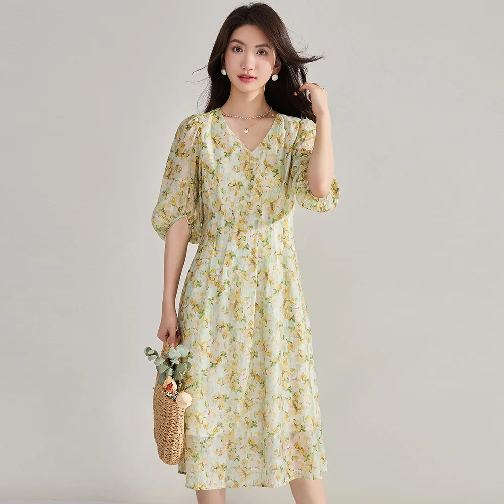 Maxdiane Summer New Gentle Beach Vaion Sleeen Floral V-ne Dr Faionable Maxi Dr للنساء فوق 35 عامًا