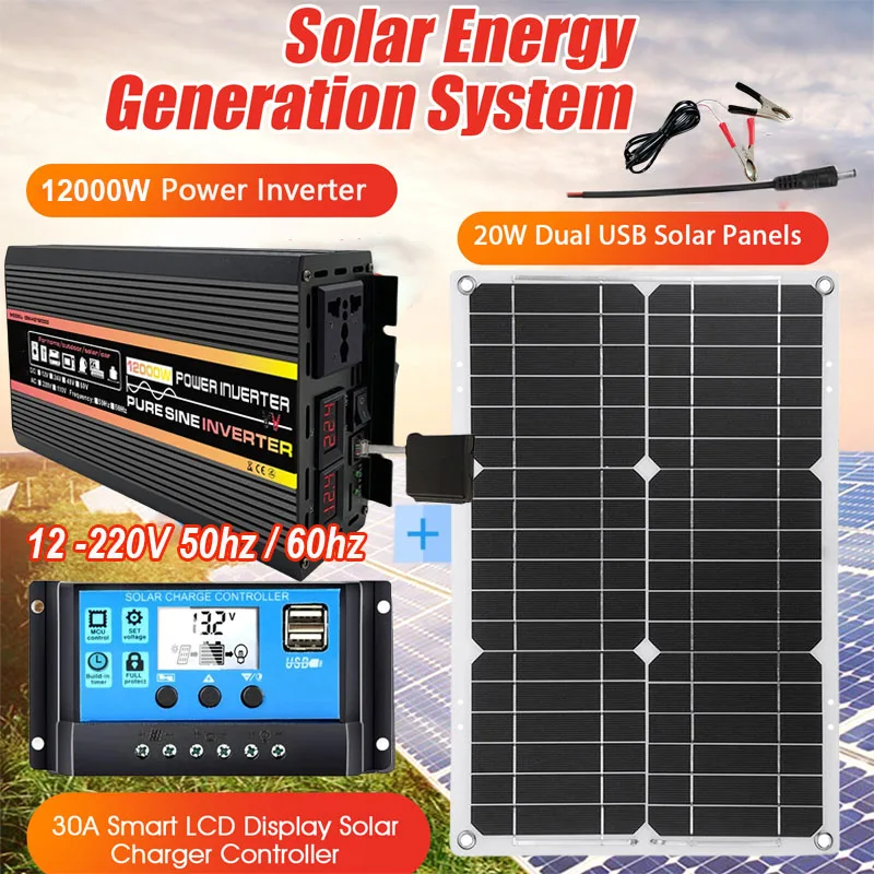 10000W 12000W Solar Panel Kit 12V To 110V/220V Pure Sine Wave Power Inverter Battery Charger Controller for RV Travel Van Camper