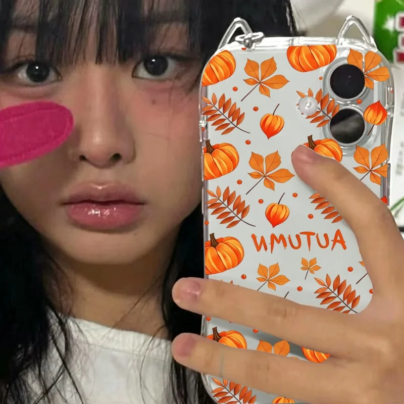 Coque de téléphone à motif de citrouilles d'automne et de feuilles tombantes pour iPhone 17 16 15 14 13 12 11 Plus Pro Max 17 Air, en silicone souple transparent.