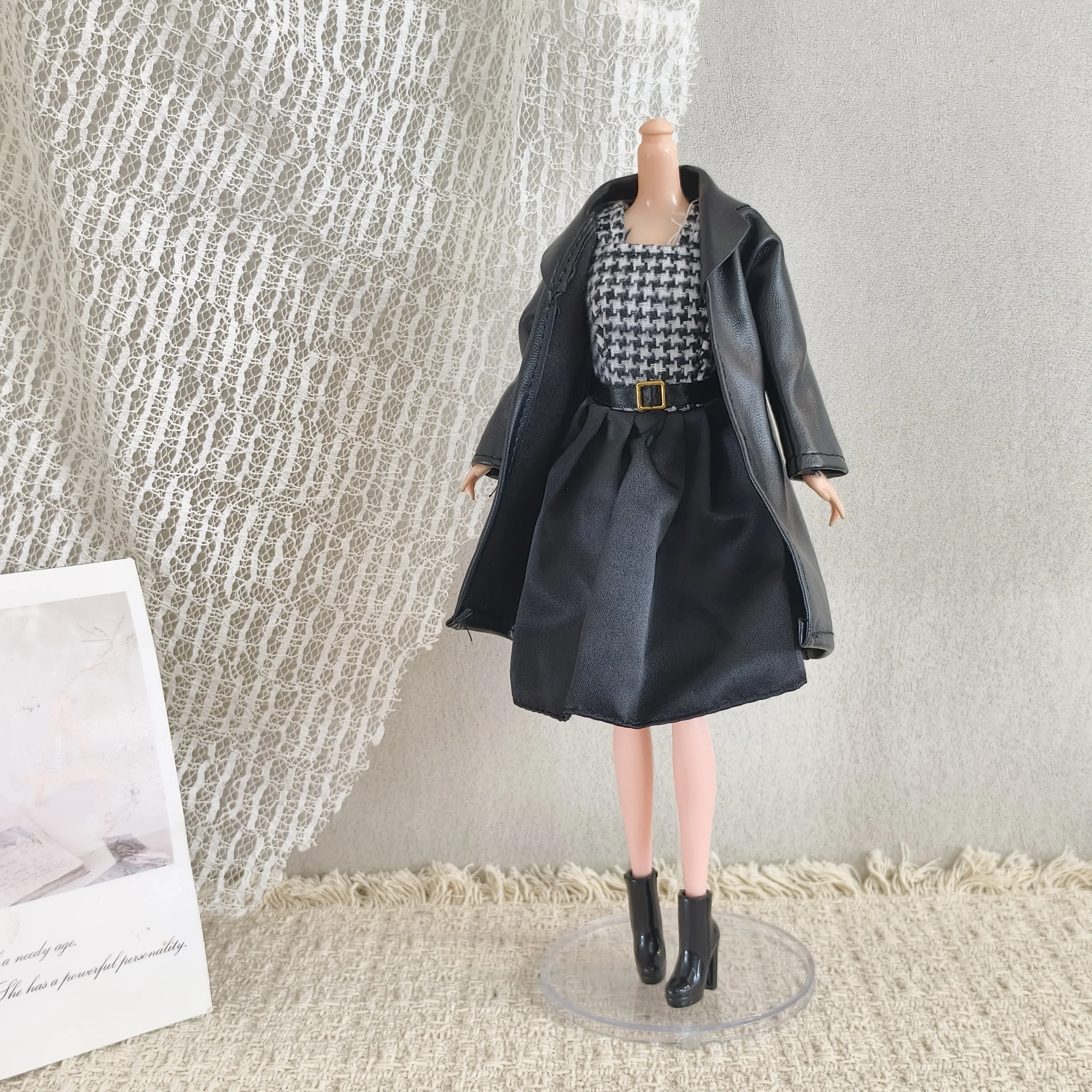 1/6 Clothes Accessories Premium Black Fur Coat +  Houndstooth Vest + Half Skirt + High Heels For 30cm FR Babi Supermodel Doll
