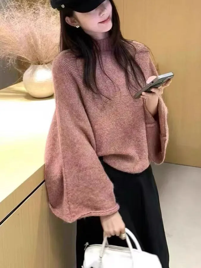 een Loose Batwing Sve Knitwear Women's Autumn Winter High Collar Slimming Top Warm Cozy Long Sve Crew Ne Sweater