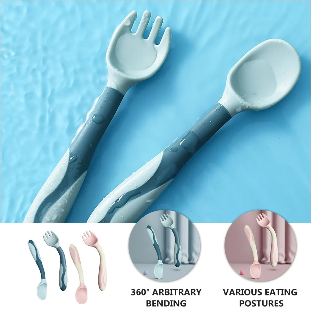 

2 комплекта детских ложек и вилок, розовые и синие, из мягкого силикона, безопасные, прочные, практичные, портативные.