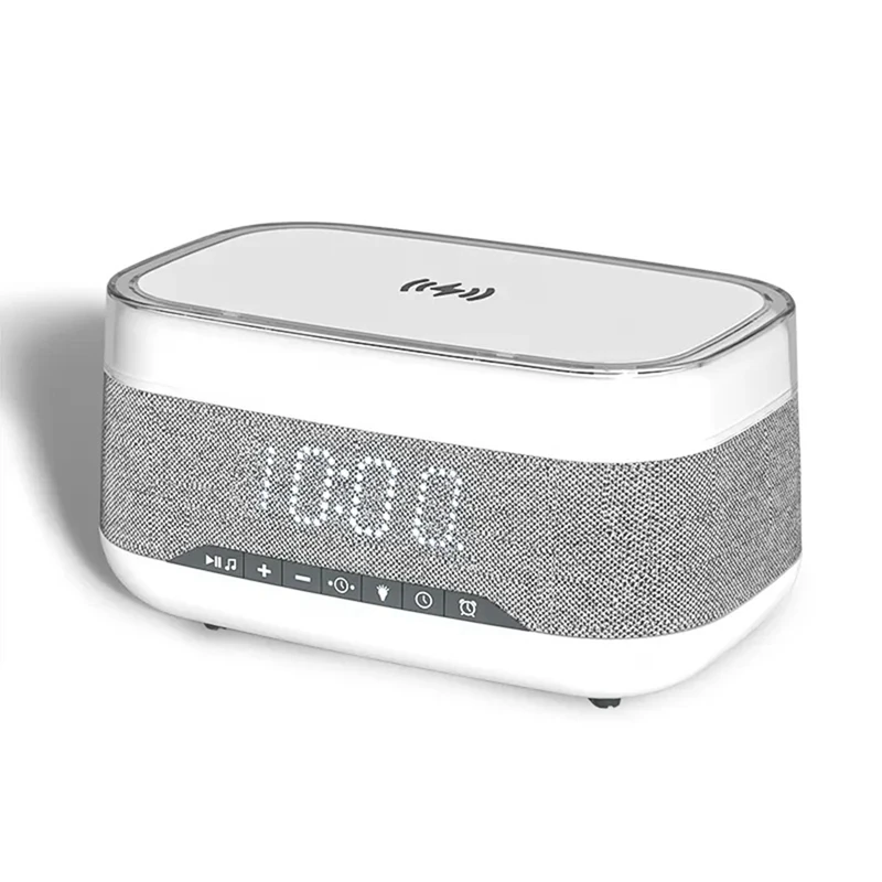 US Plug, Bluetooth Speaker With Wireless Charging Alarm Clock, Bedside Lamp Wireless Charger Station Snooze Night Light