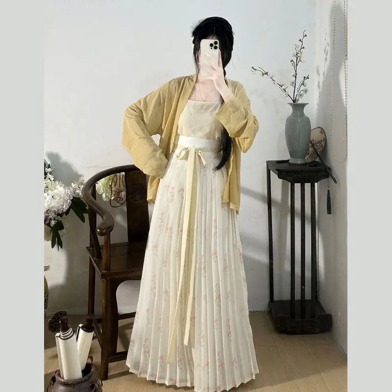 مجموعة Song Hanfu الأصلية - بلوزة نسائية بأكمام هوائية مع تنورة مطوية من قطعة واحدة، أزياء نسائية صينية تقليدية قديمة