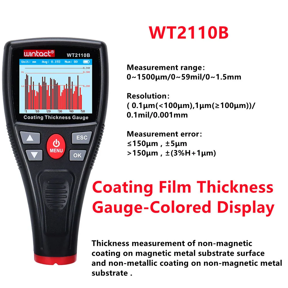 

5PCS WT2110B WINTACT Car Paint Coating Thickness Gauge Digital Digital Precision Paint Metal Coating Thickness Tester Bluetooth